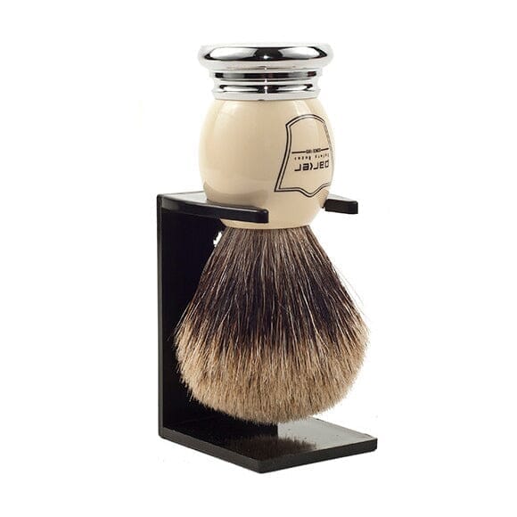 Parker Best Badger Shaving Brush and Stand, White and Chrome Handle Shaving Brush Parker Razors