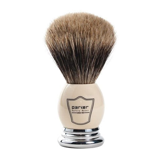Parker Best Badger Shaving Brush and Stand, White and Chrome Handle Shaving Brush Parker Razors