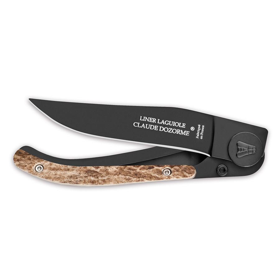 Claude Dozorme Liner Lock Laguiole Black Blade Folding Pocket Knife, Stag Horn Pocket Knife Claude Dozorme