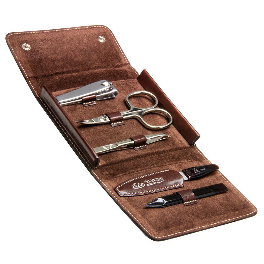 Erbe Solingen 5-Piece Manicure Set, Antique Cowhide Brown Snap Case Manicure Set Erbe Solingen