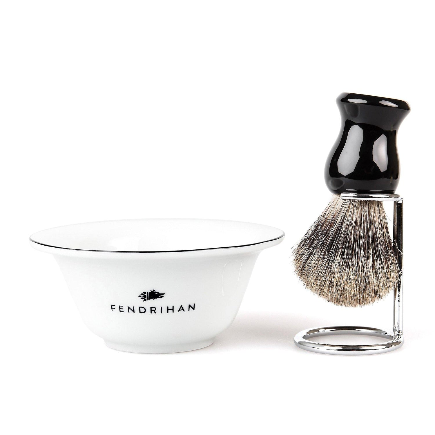 Fendrihan Porcelain Shaving Bowl and Classic Pure Grey Badger Shaving Brush with Metal Stand Set, Save $10 Shaving Set Fendrihan Black Black