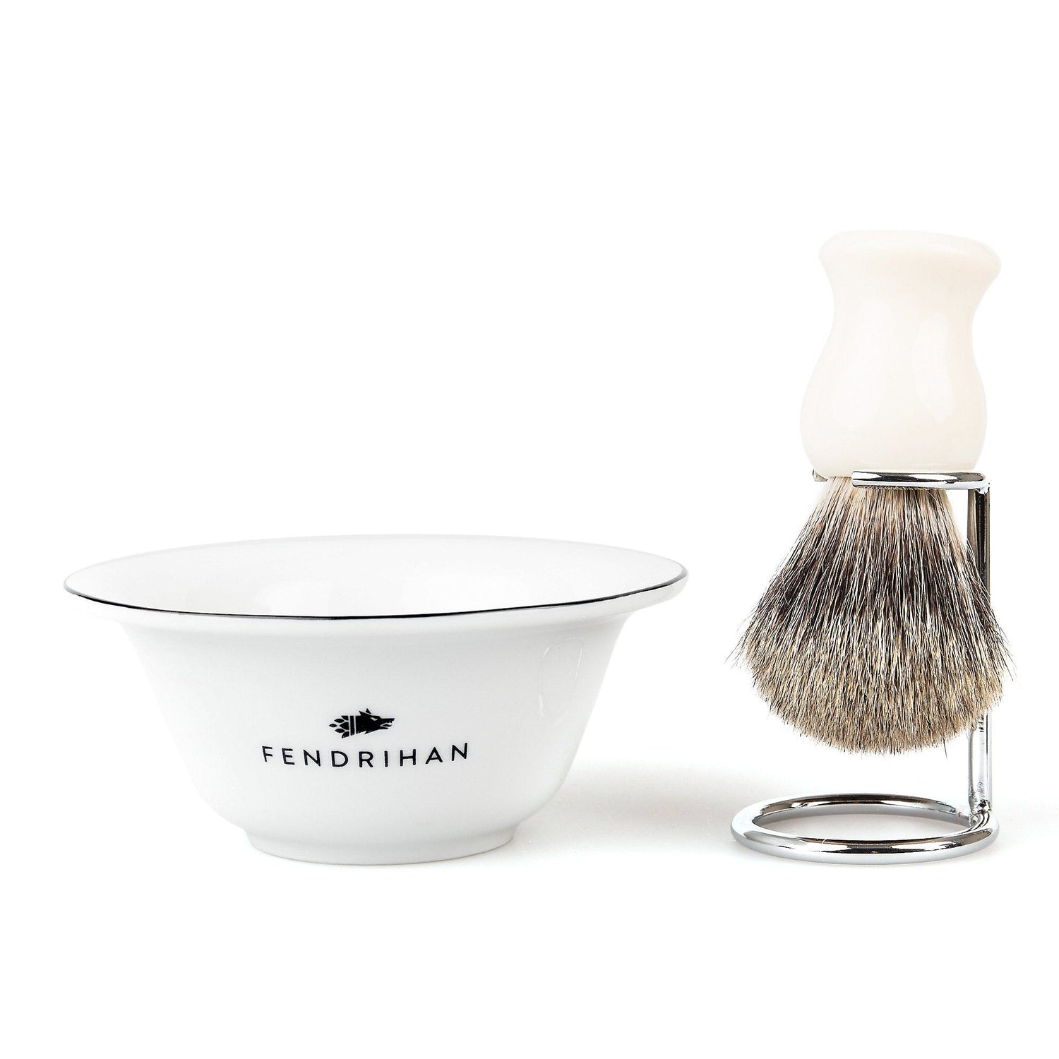 Fendrihan Porcelain Shaving Bowl and Classic Pure Grey Badger Shaving Brush with Metal Stand Set, Save $10 Shaving Set Fendrihan Black White