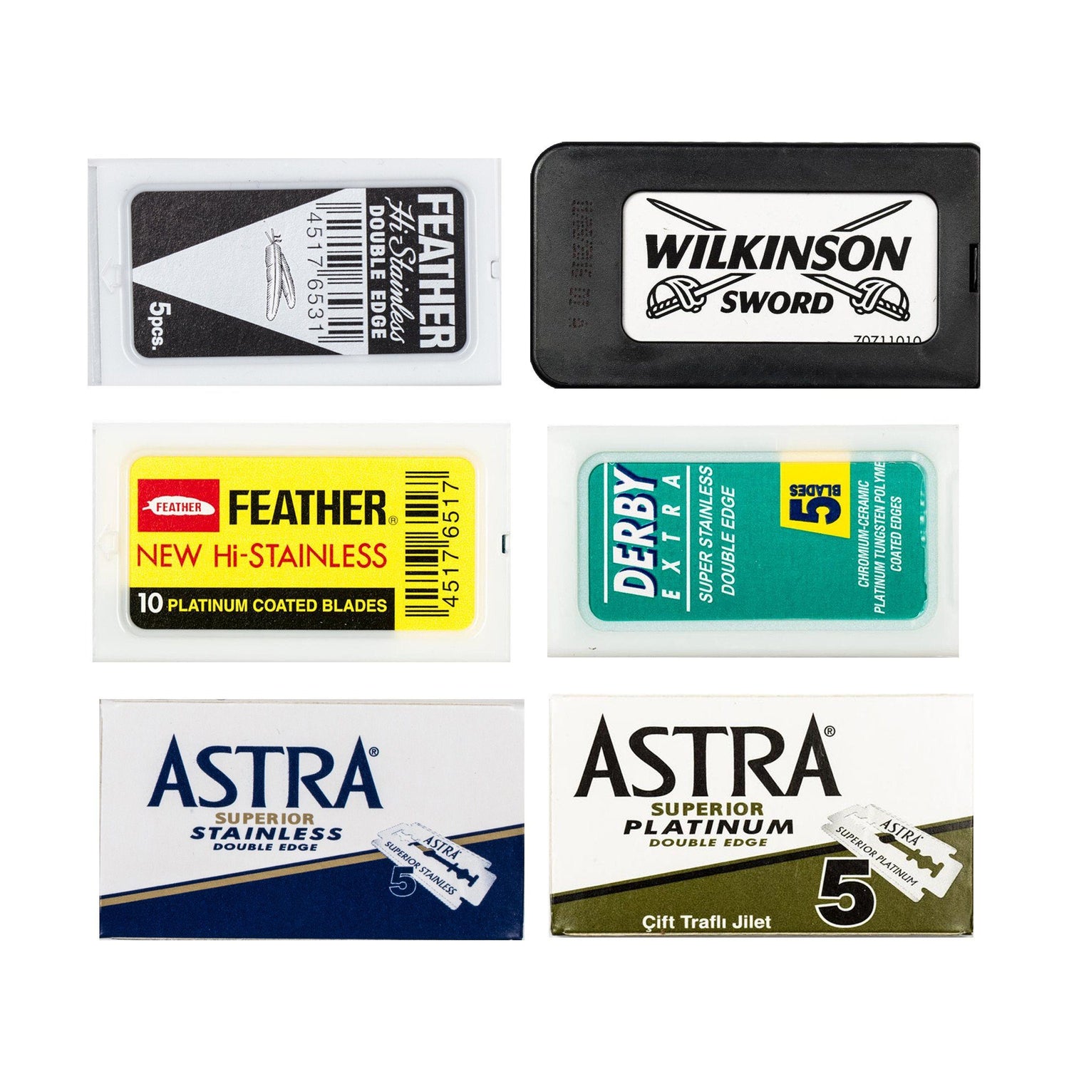 60pc Razor Blade Sampler: Derby, Astra Platinum, Astra Stainless, Feather, Wilkinson, Black Feather Razor Blades Fendrihan