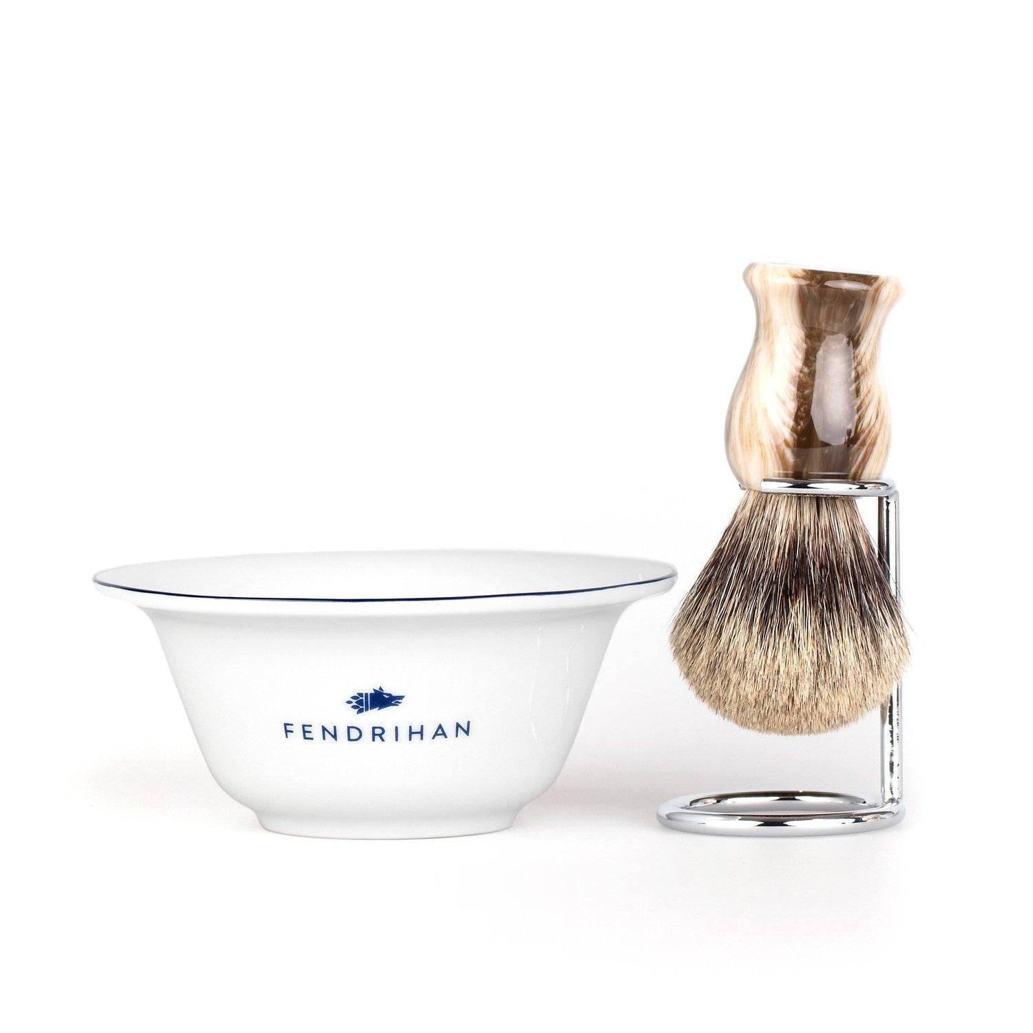 Fendrihan Porcelain Shaving Bowl and Classic Pure Grey Badger Shaving Brush with Metal Stand Set, Save $10 Shaving Set Fendrihan Dark Blue Faux Horn
