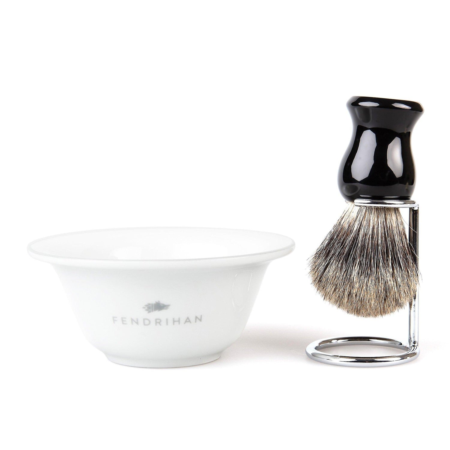 Fendrihan Porcelain Shaving Bowl and Classic Pure Grey Badger Shaving Brush with Metal Stand Set, Save $10 Shaving Set Fendrihan Grey Black