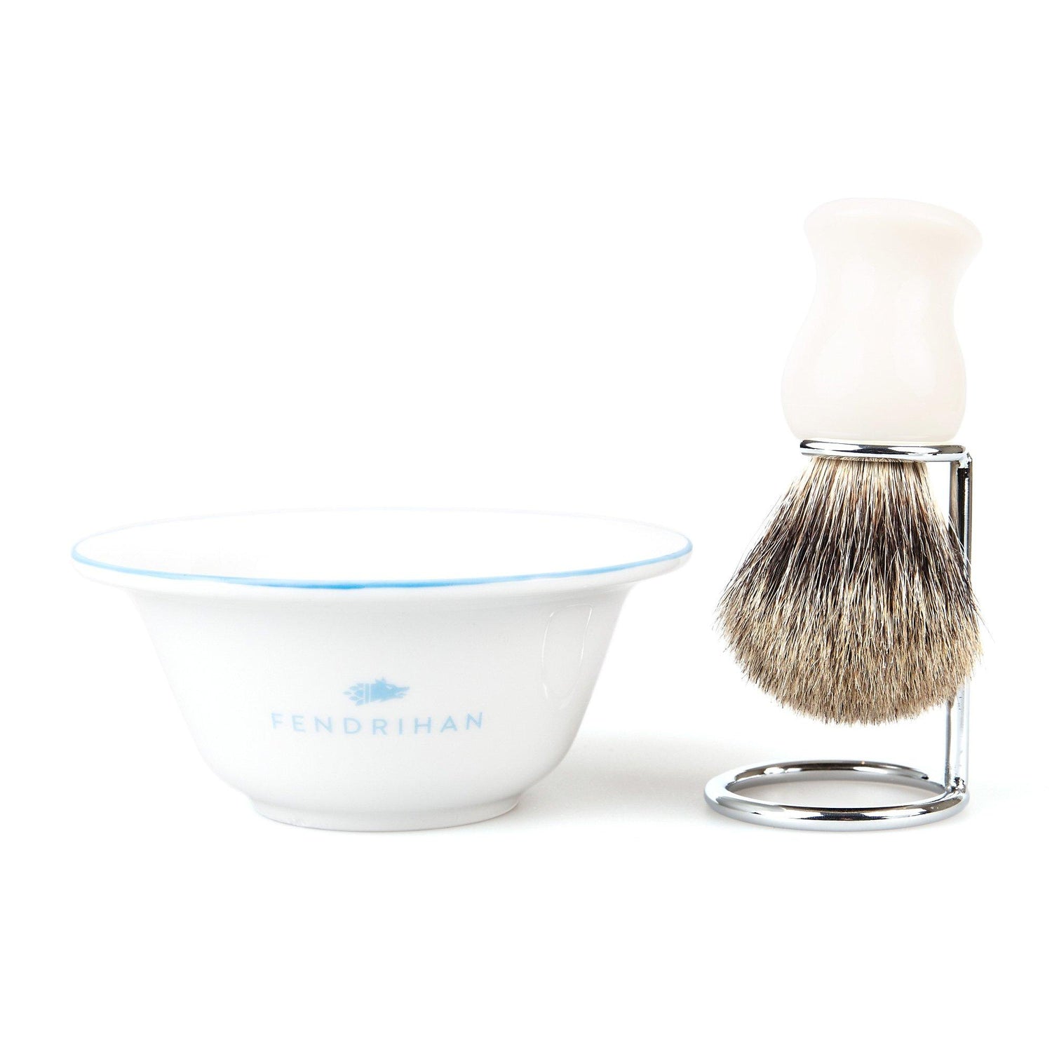 Fendrihan Porcelain Shaving Bowl and Classic Pure Grey Badger Shaving Brush with Metal Stand Set, Save $10 Shaving Set Fendrihan Light Blue White