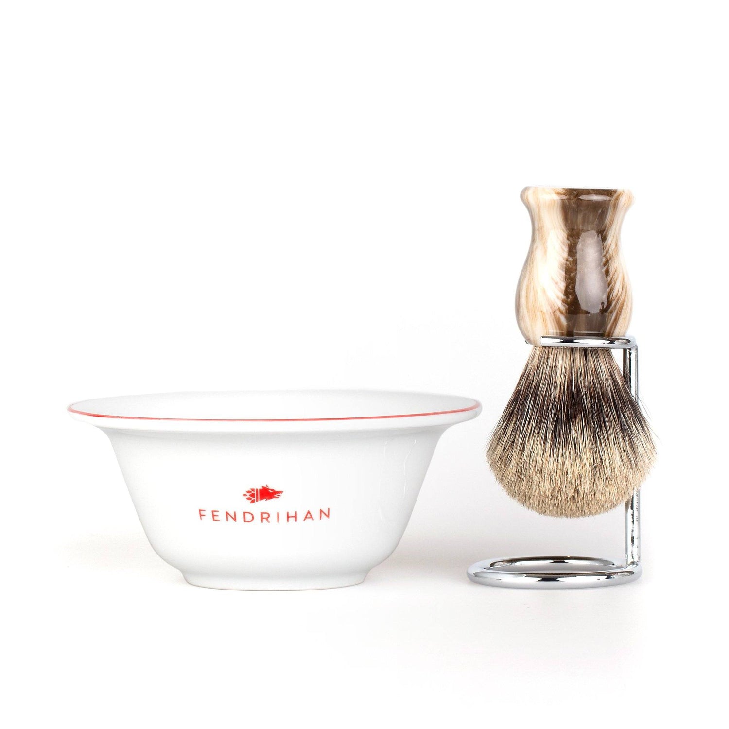 Fendrihan Porcelain Shaving Bowl and Classic Pure Grey Badger Shaving Brush with Metal Stand Set, Save $10 Shaving Set Fendrihan Red Faux Horn