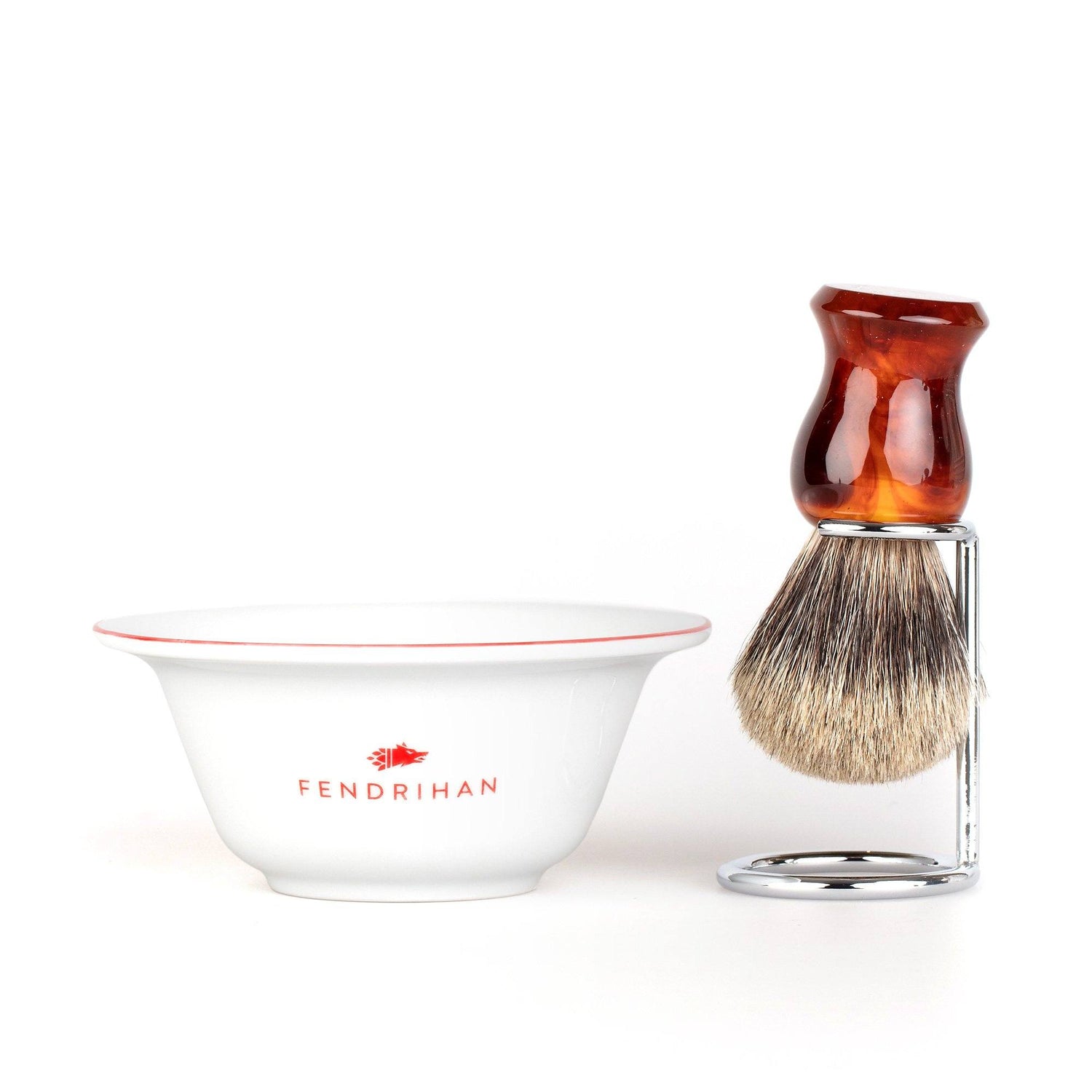 Fendrihan Porcelain Shaving Bowl and Classic Pure Grey Badger Shaving Brush with Metal Stand Set, Save $10 Shaving Set Fendrihan Red Faux Amber