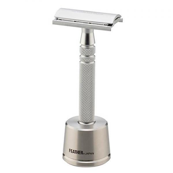 Feather AS-D2S Stainless Steel Double Edge Razor and Stand, Made in Japan Double Edge Safety Razor Feather