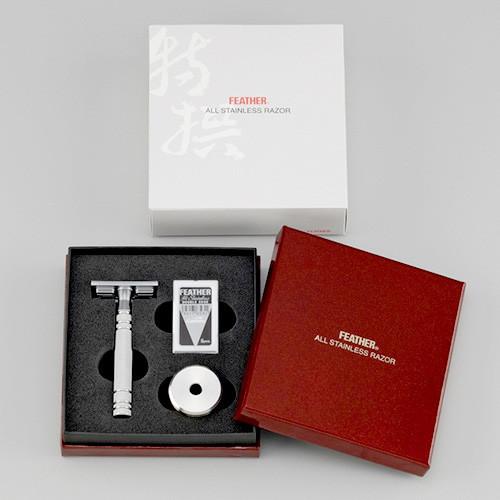 Feather AS-D2S Stainless Steel Double Edge Razor and Stand, Made in Japan Double Edge Safety Razor Feather