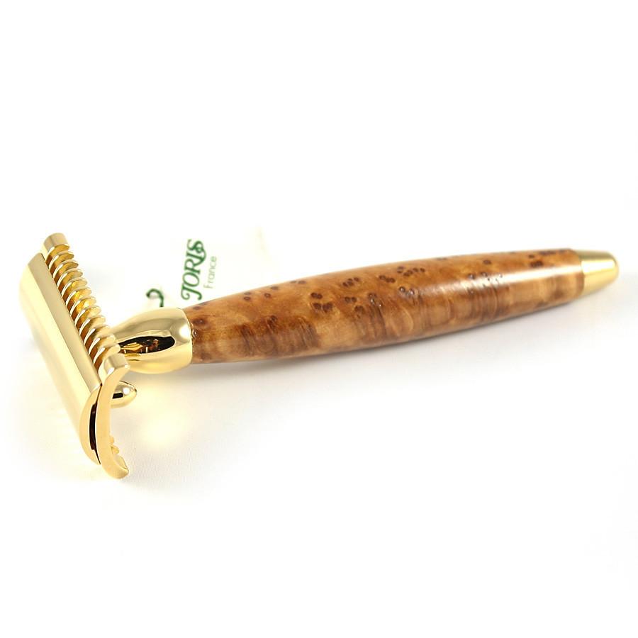 Joris 24k Gold Plated Open Comb Double-Edge Safety Razor, Thuja Wood Handle Double Edge Safety Razor Plisson - Joris