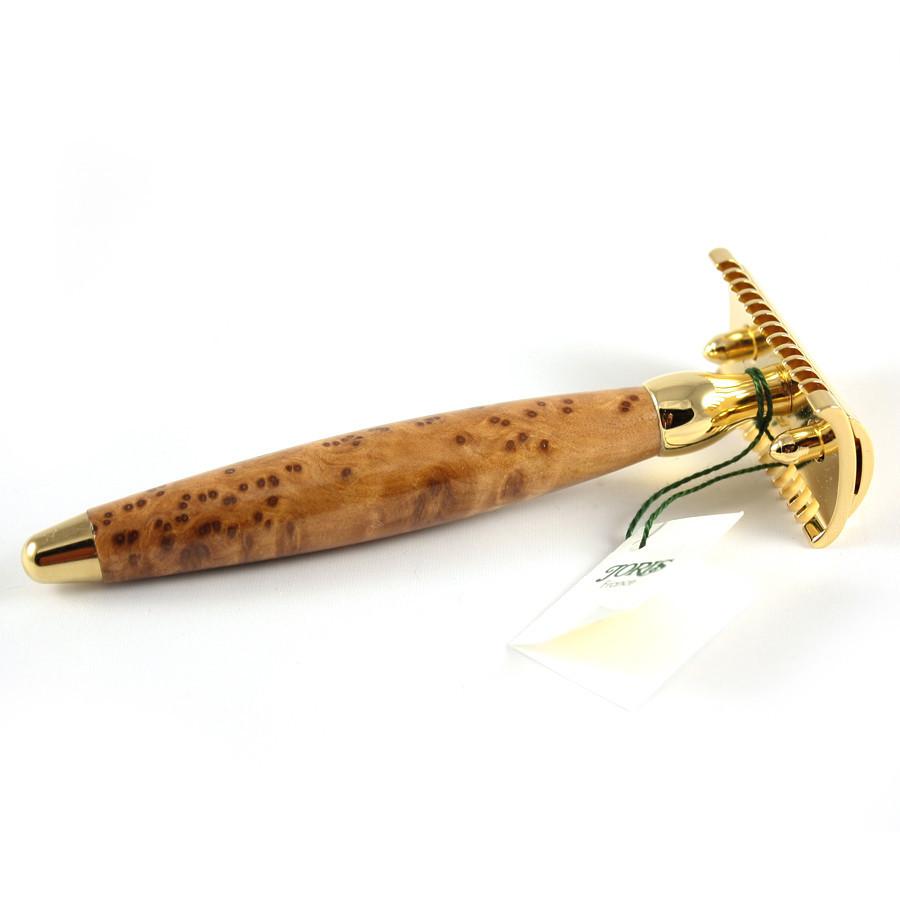 Joris 24k Gold Plated Open Comb Double-Edge Safety Razor, Thuja Wood Handle Double Edge Safety Razor Plisson - Joris