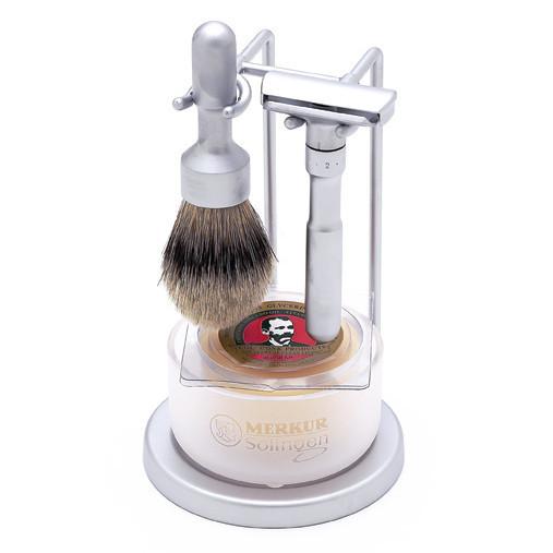 DOVO Merkur Futur 4-Piece Classic Wet-Shaving Set, Satin Finish Shaving Kit Merkur