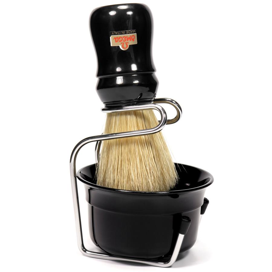 Omega 49.18 Pure Bristle Shaving Brush with Bowl and Stand Boar Bristles Shaving Brush Omega Black