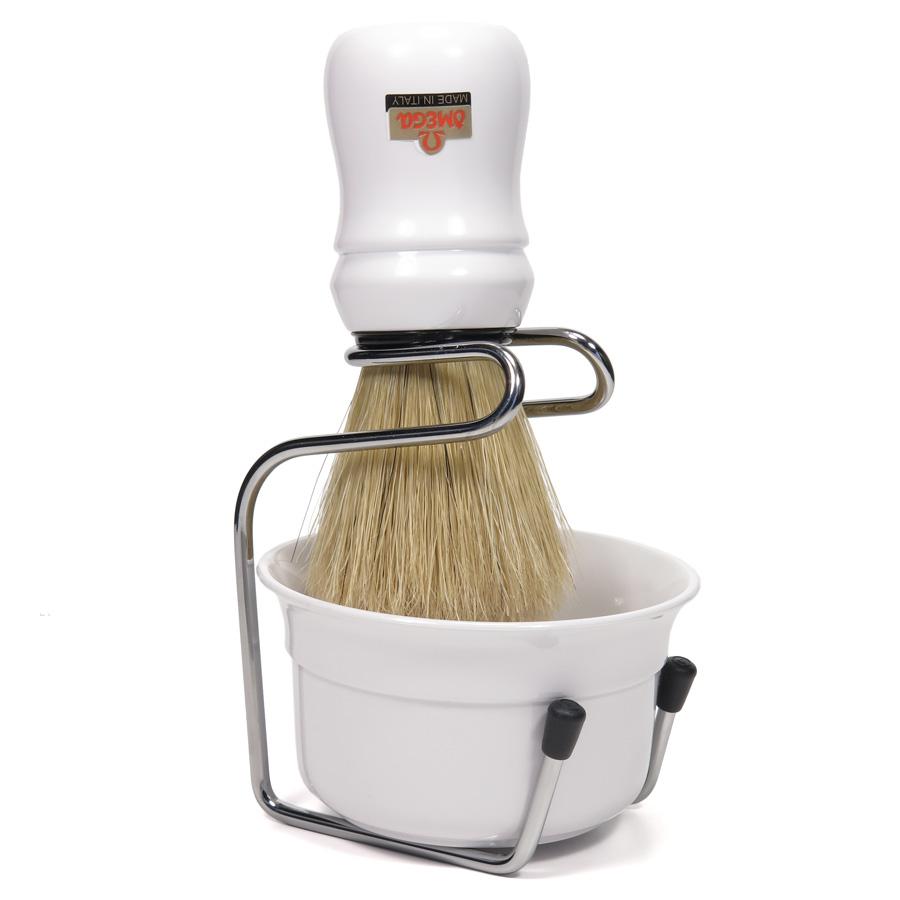 Omega 49.18 Pure Bristle Shaving Brush with Bowl and Stand Boar Bristles Shaving Brush Omega White