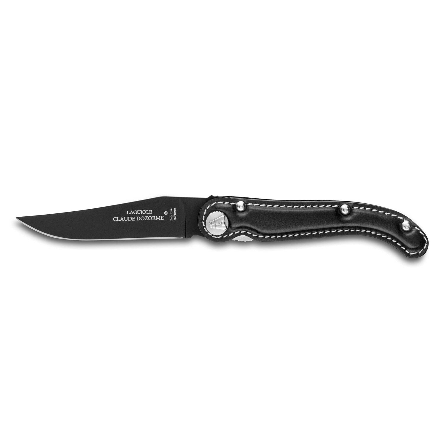 Claude Dozorme Laguiole Baroudeur Pocket Knife, Black Steel Blade and Leather Handle Pocket Knife Claude Dozorme