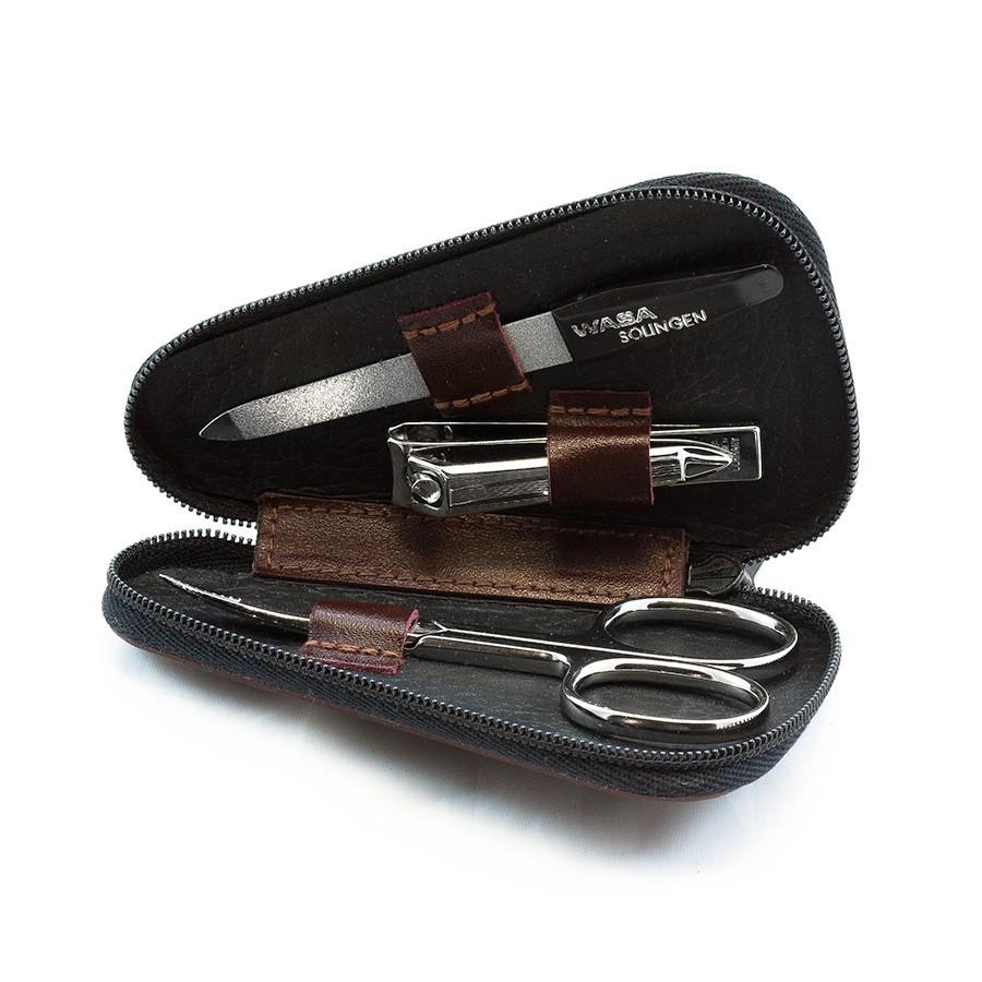 WASA Solingen 3-Piece Manicure Set, Brown Leather Zip Case Manicure Set WASA Solingen