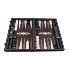 Scratch and Dent Fendrihan Handmade Backgammon: Ebony Pearl with Grey and Oak Points (Misaligned latches, light scuffs) 