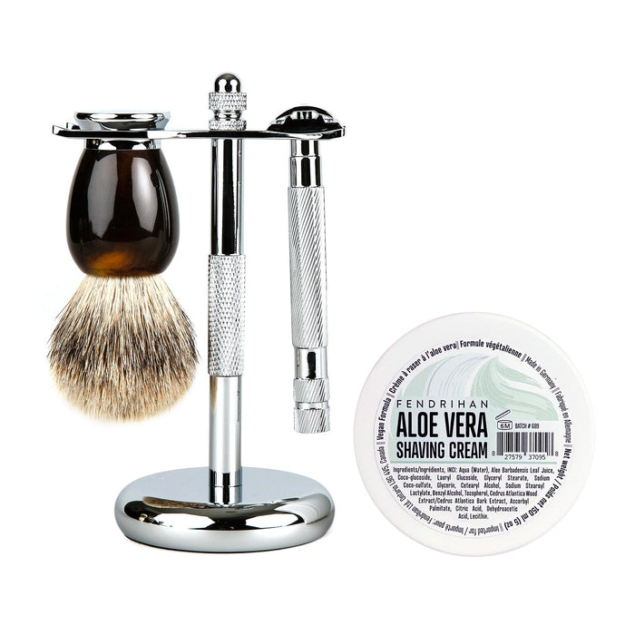 Fendrihan 4-Piece Wet Shaving Set with Safety Razor and Badger Shaving Brush, Save $30 Shaving Set Fendrihan Steeles Tortoise Aloe Vera