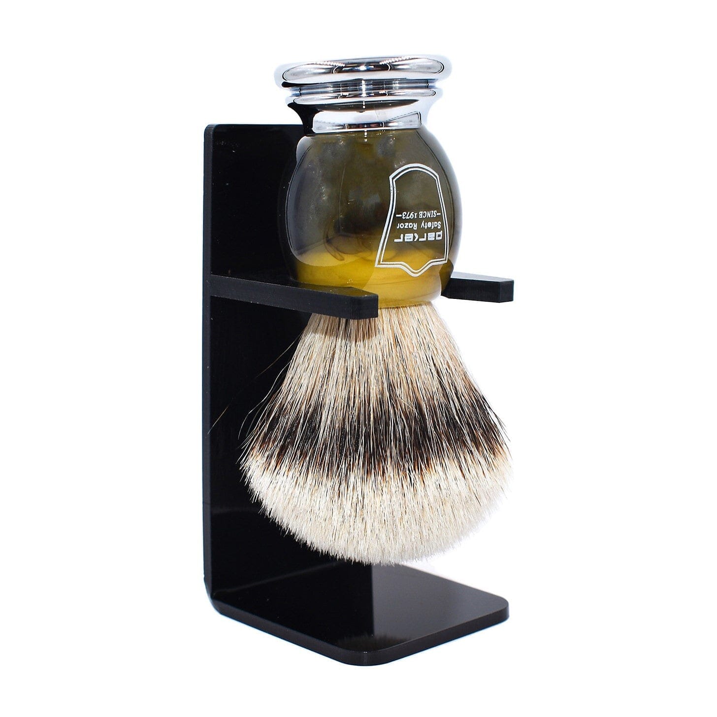 Parker Silvertip Badger Shaving Brush and Stand, Chrome Bottom Badger Bristles Shaving Brush Parker Razors Faux Horn 