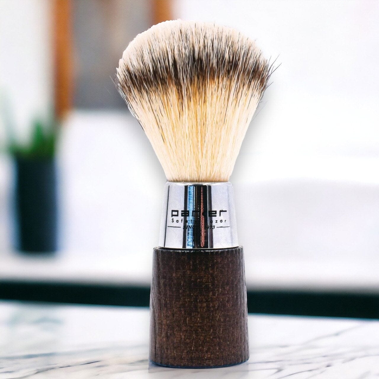 Parker Synthetic Shave Brush and Stand, Walnut/Chrome Handle Shaving Brush Parker Razors 