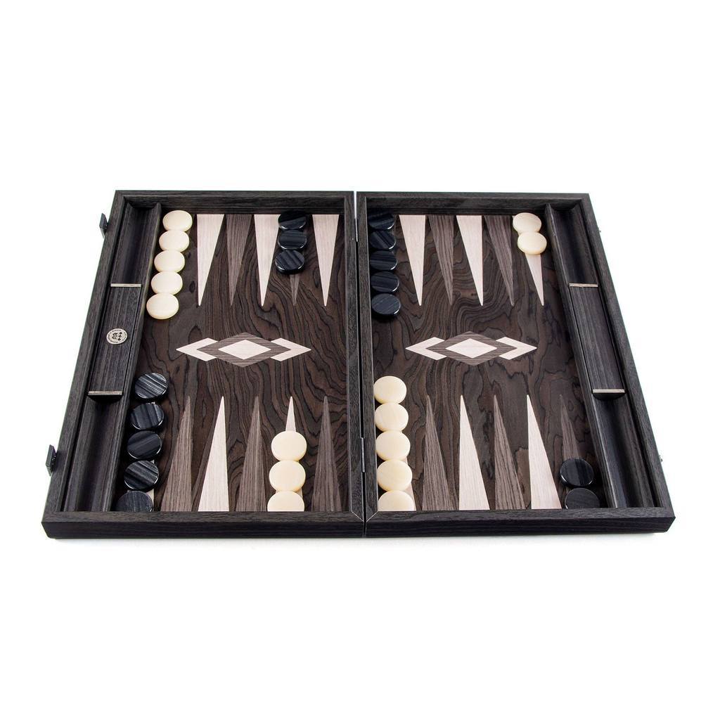 Scratch and Dent Manopoulos Fendrihan Handmade Premium Backgammon Ebony Pearl with Grey and Oak Points 