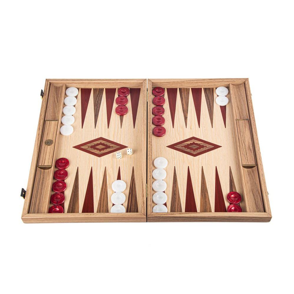 Scratch and Dent Manopoulos Fendrihan Handmade Classic Backgammon Set Oak & American Walnut with Red & Walnut Points with Side Racks 