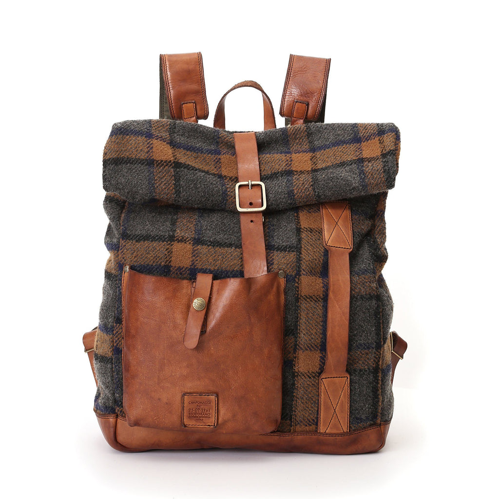 Campomaggi Tartan and Leather Backpack, Stained Cognac Backpack Campomaggi 