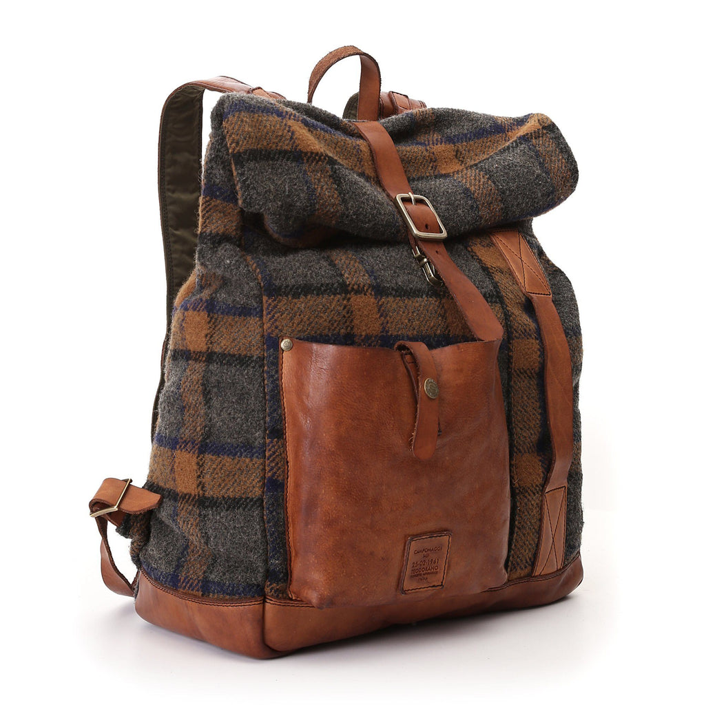 Campomaggi Tartan and Leather Backpack, Stained Cognac Backpack Campomaggi 
