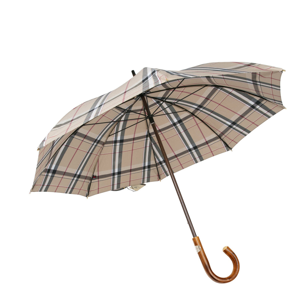 Doppler Rustika Indigo Gentlemen’s Umbrella with Wooden Handle, Classic Tan Plaid Umbrella Doppler 