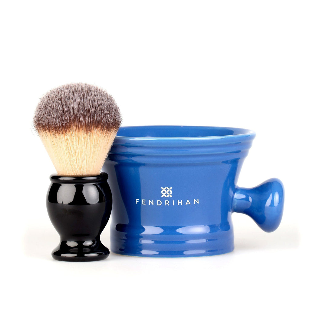 Fendrihan Synthetic Shaving Brush and Moderno Apothecary Shaving Mug, Save $10 Shaving Kit Fendrihan Azul Plisson Type Bristles - Black Handle 