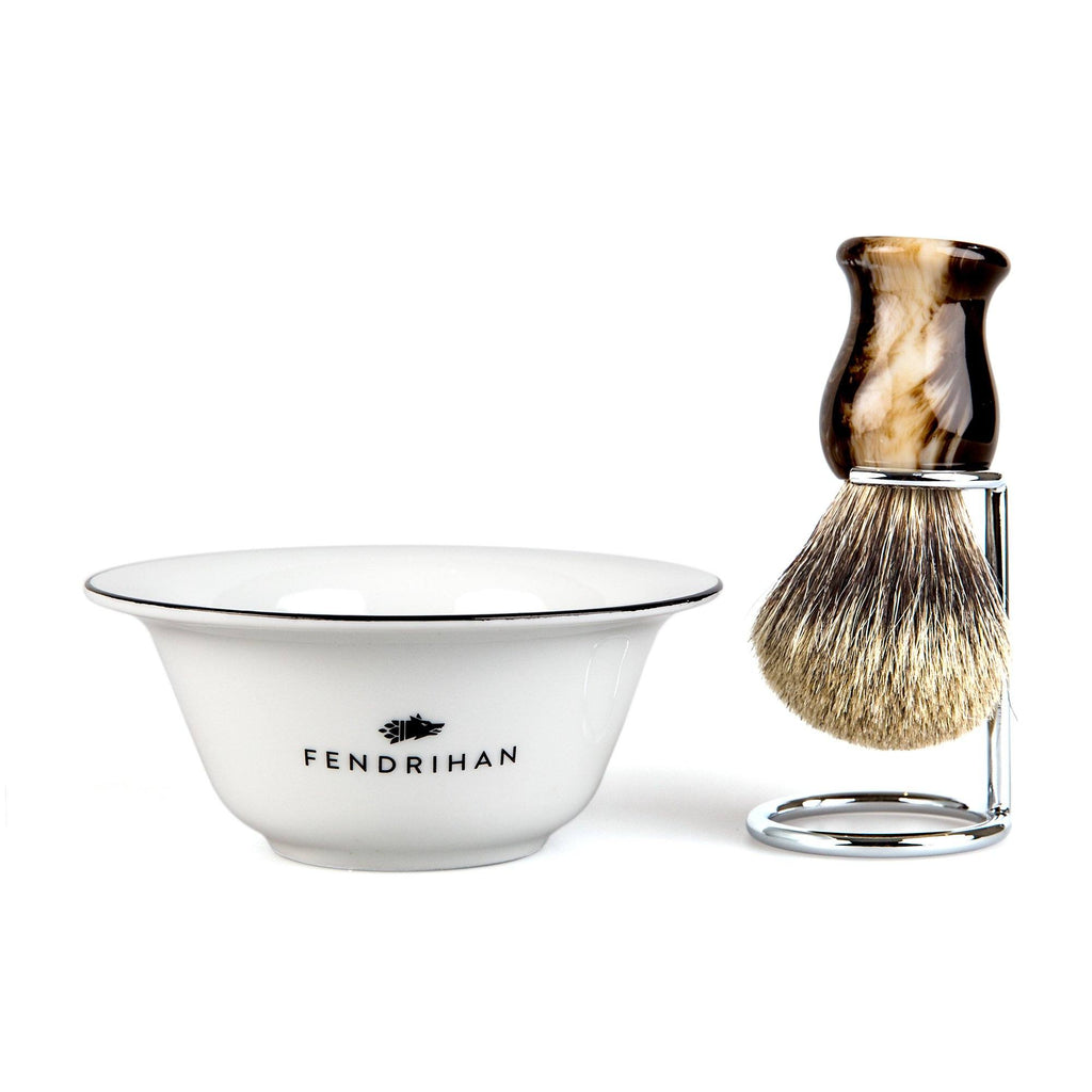 Fendrihan Porcelain Shaving Bowl and Classic Pure Grey Badger Shaving Brush with Metal Stand Set, Save $10 Shaving Set Fendrihan Black Faux Horn 