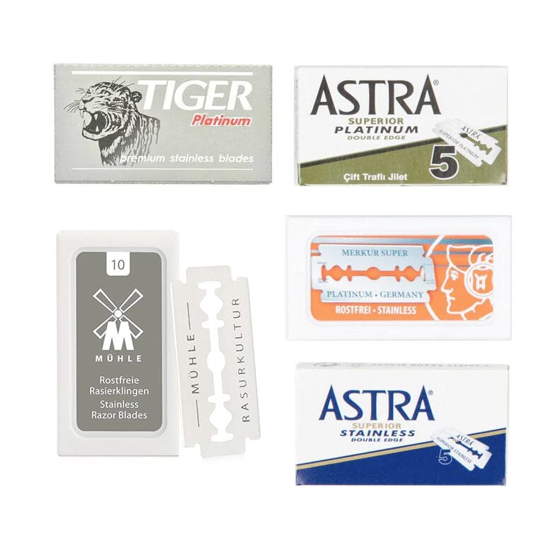 50pc Razor Blade Sampler: Tiger Platinum, Astra, Muhle, and Merkur Razor Blades Fendrihan 