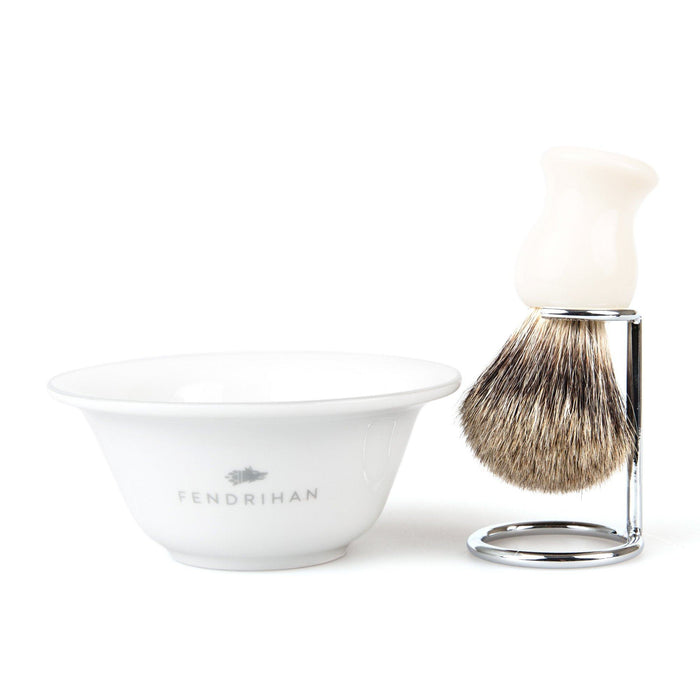 Fendrihan Porcelain Shaving Bowl and Classic Pure Grey Badger Shaving Brush with Metal Stand Set, Save $10 Shaving Set Fendrihan Grey White 