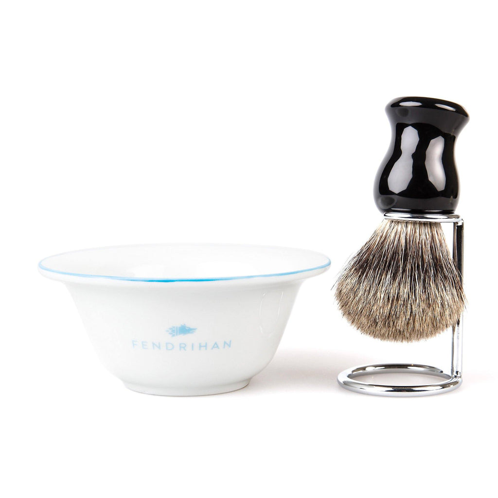 Fendrihan Porcelain Shaving Bowl and Classic Pure Grey Badger Shaving Brush with Metal Stand Set, Save $10 Shaving Set Fendrihan Light Blue Black 