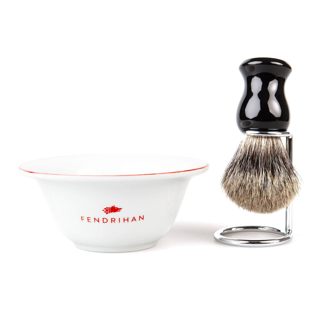 Fendrihan Porcelain Shaving Bowl and Classic Pure Grey Badger Shaving Brush with Metal Stand Set, Save $10 Shaving Set Fendrihan Red Black 