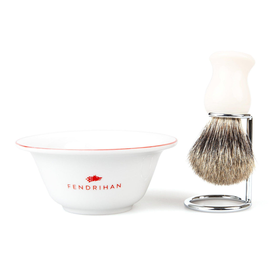 Fendrihan Porcelain Shaving Bowl and Classic Pure Grey Badger Shaving Brush with Metal Stand Set, Save $10 Shaving Set Fendrihan Red White 