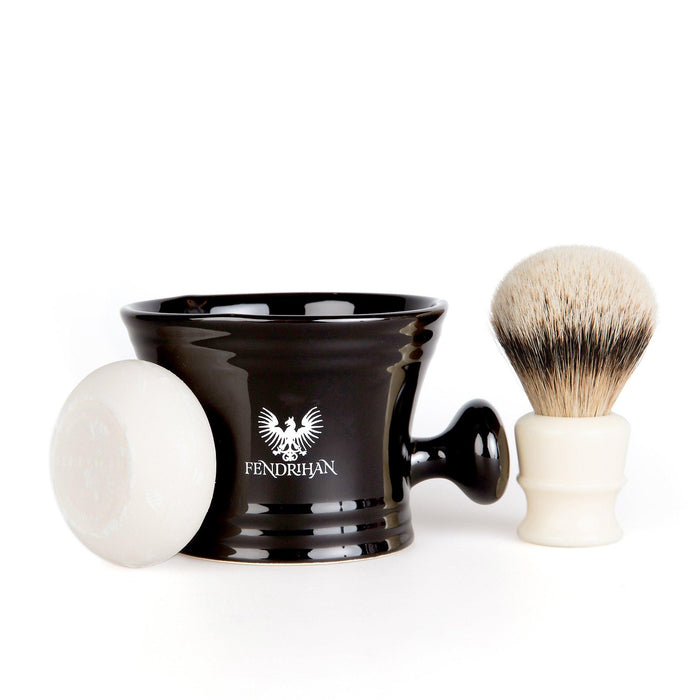 Fendrihan High Mountain White Badger Shaving Brush and Shaving Mug Set, Save $25 Shaving Kit Fendrihan Black 