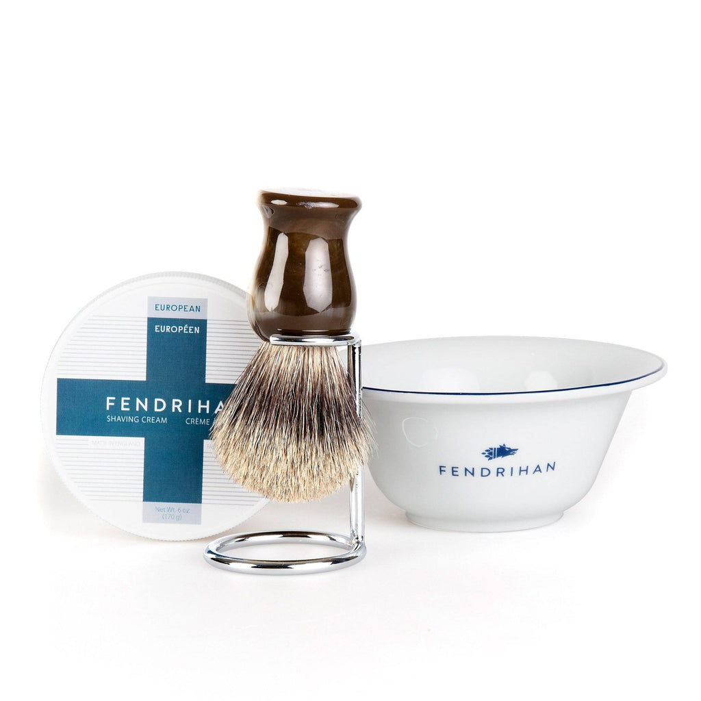 Fendrihan Shaving Cream, Porcelain Shaving Bowl and Shaving Brush Set, Save $15 Shaving Set Fendrihan Euro Dark Blue Pure Grey Badger - Faux Horn Handle