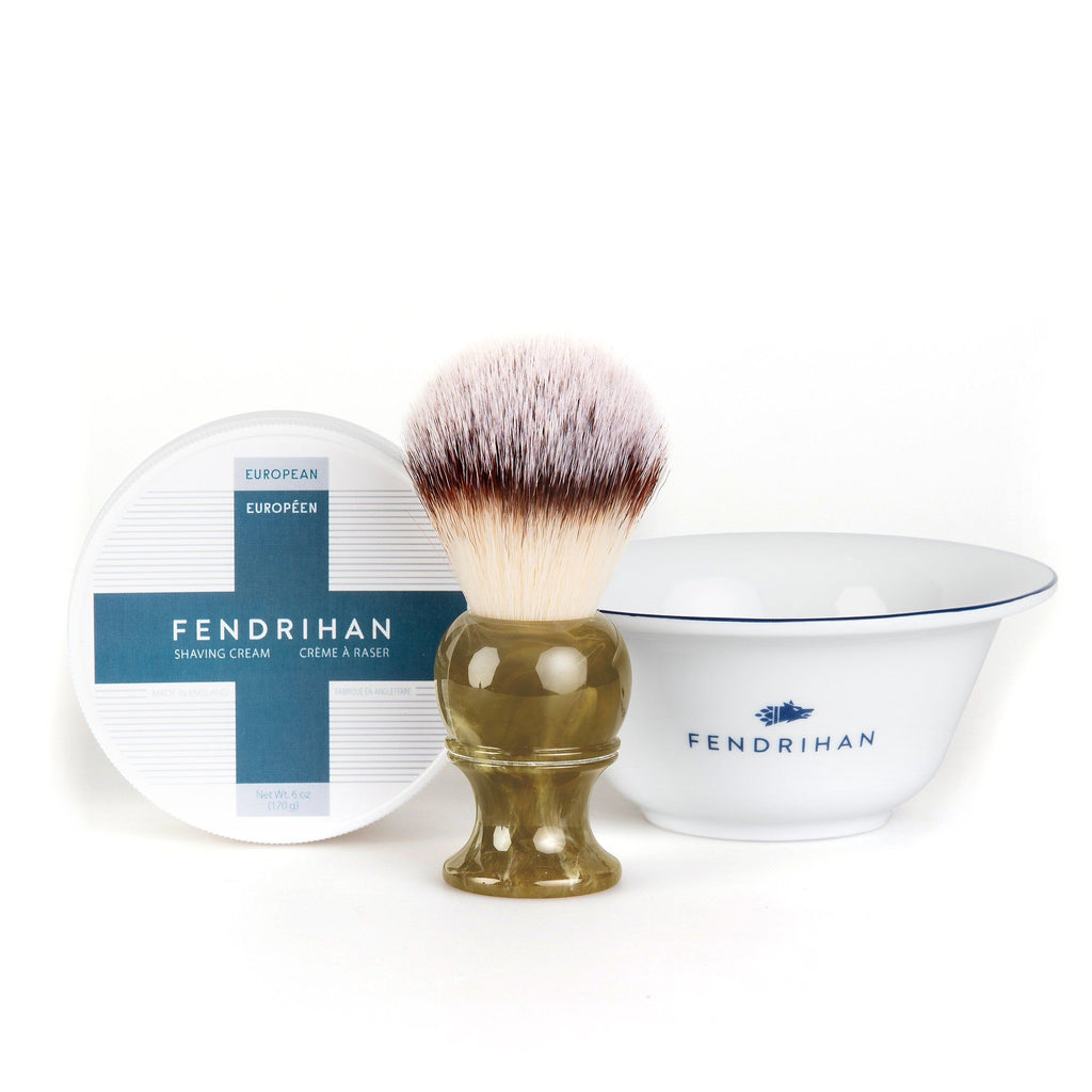 Fendrihan Shaving Cream, Porcelain Shaving Bowl and Shaving Brush Set, Save $15 Shaving Set Fendrihan Euro Dark Blue Synthetic Silvertip - Faux Horn Resin Handle