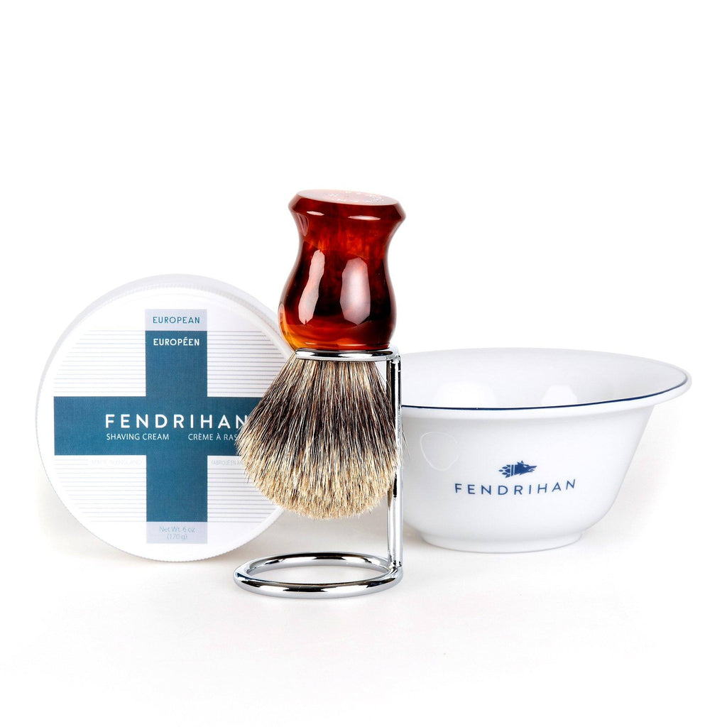 Fendrihan Shaving Cream, Porcelain Shaving Bowl and Shaving Brush Set, Save $15 Shaving Set Fendrihan Euro Dark Blue Pure Grey Badger - Faux Amber Handle