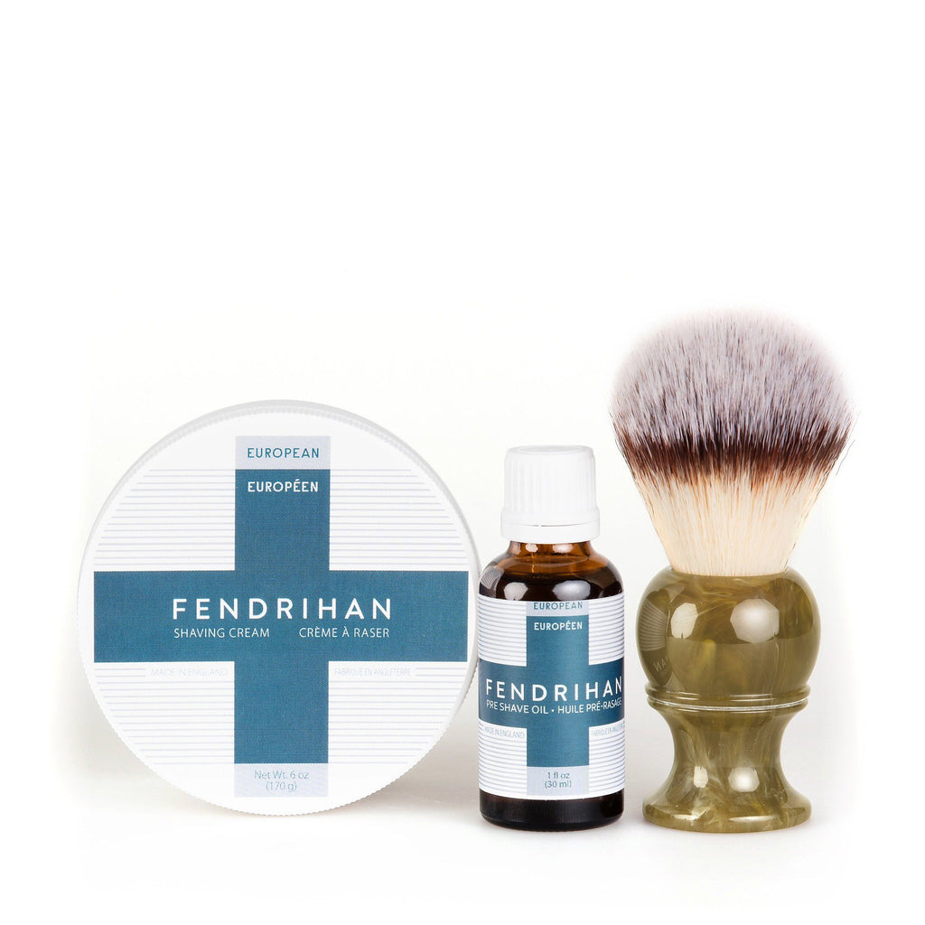 Fendrihan Pre-Shave Oil, Shaving Cream and Shaving Brush Set, Save $15 Shaving Kit Fendrihan Synthetic Silvertip - Faux Horn Resin Handle Euro Euro