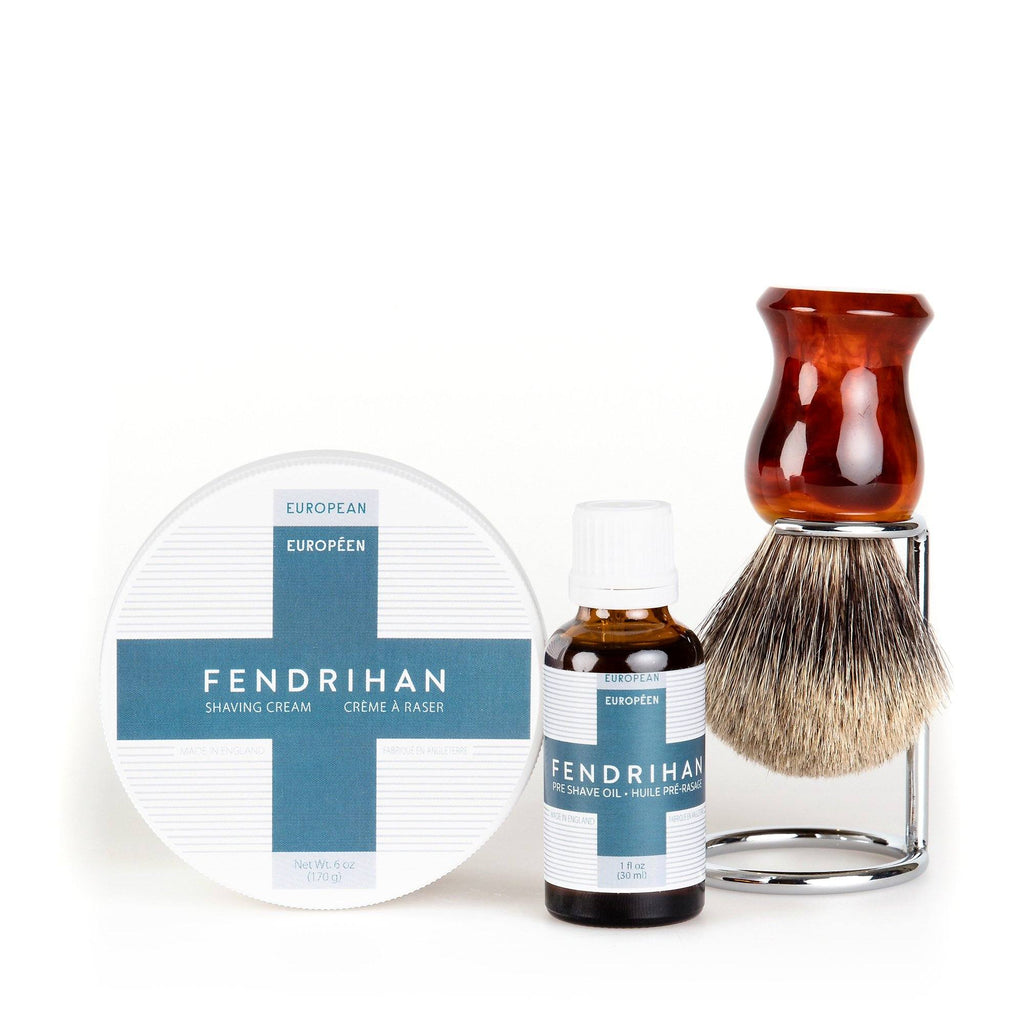Fendrihan Pre-Shave Oil, Shaving Cream and Shaving Brush Set, Save $15 Shaving Kit Fendrihan Pure Grey Badger - Faux Amber Handle Euro Euro