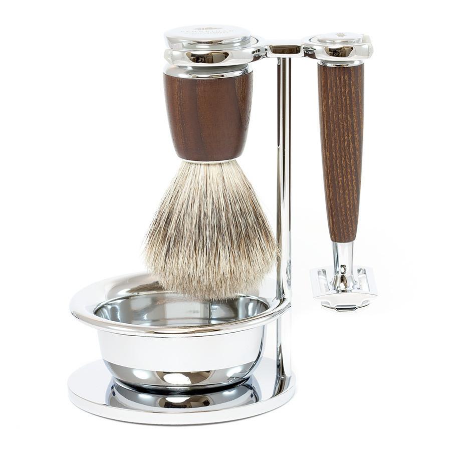 Dacian Draco 4-Piece Shaving Set with Safety Razor and Best Badger Brush, Ash Wood Handles Shaving Kit Fendrihan 