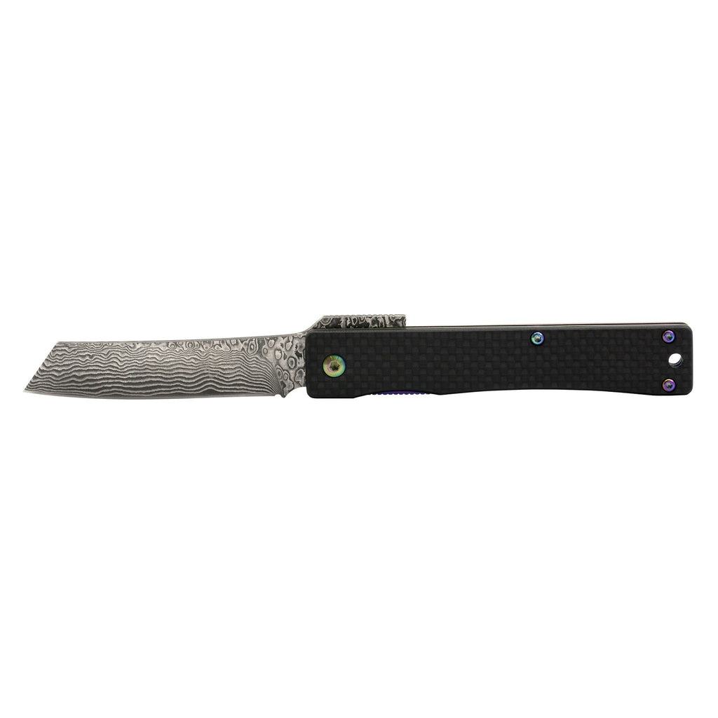 Hikari Higo Style Damascus Steel Folding Knife, Carbon Fiber Handle Pocket Knife Japanese Exclusives 