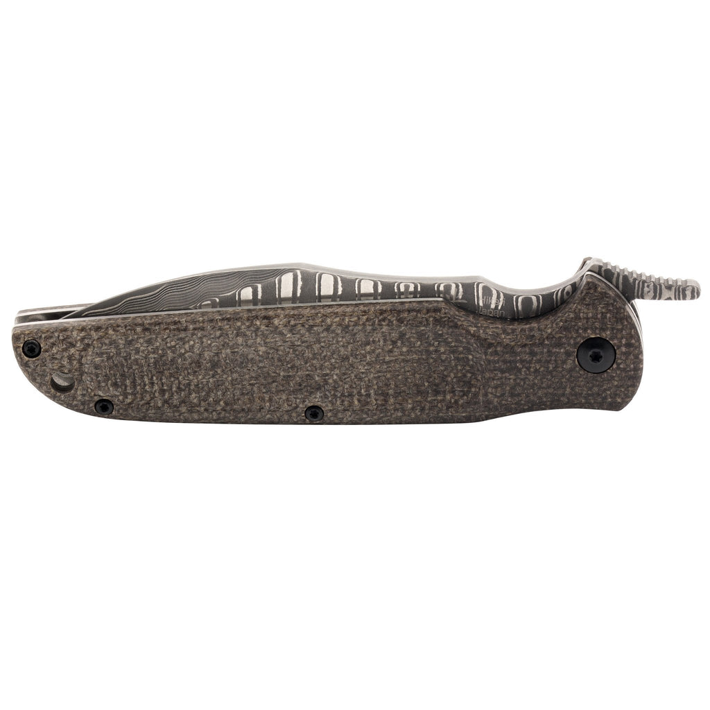 Hikari Higo Style Damascus Steel Folding Knife, Milled Canvas Micarta Handle Pocket Knife Japanese Exclusives 