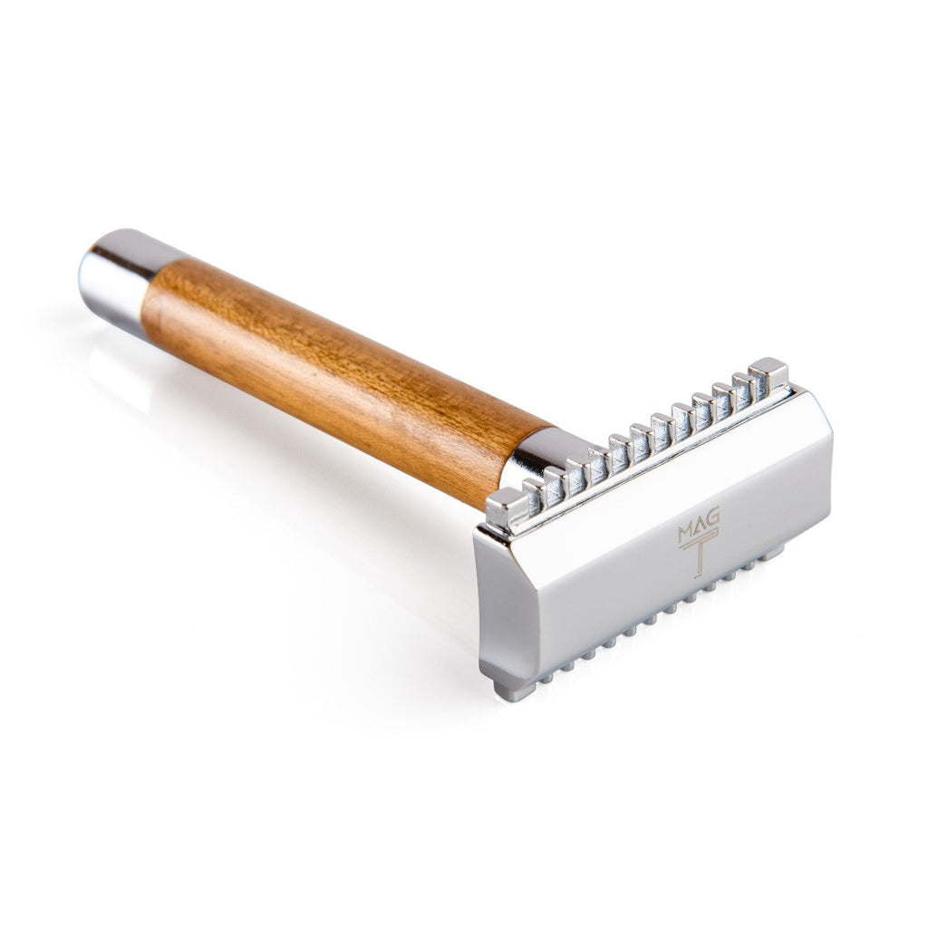 MAG T Alpha Open Comb Double Edge Safety Razor, Teak Wood Handle ...
