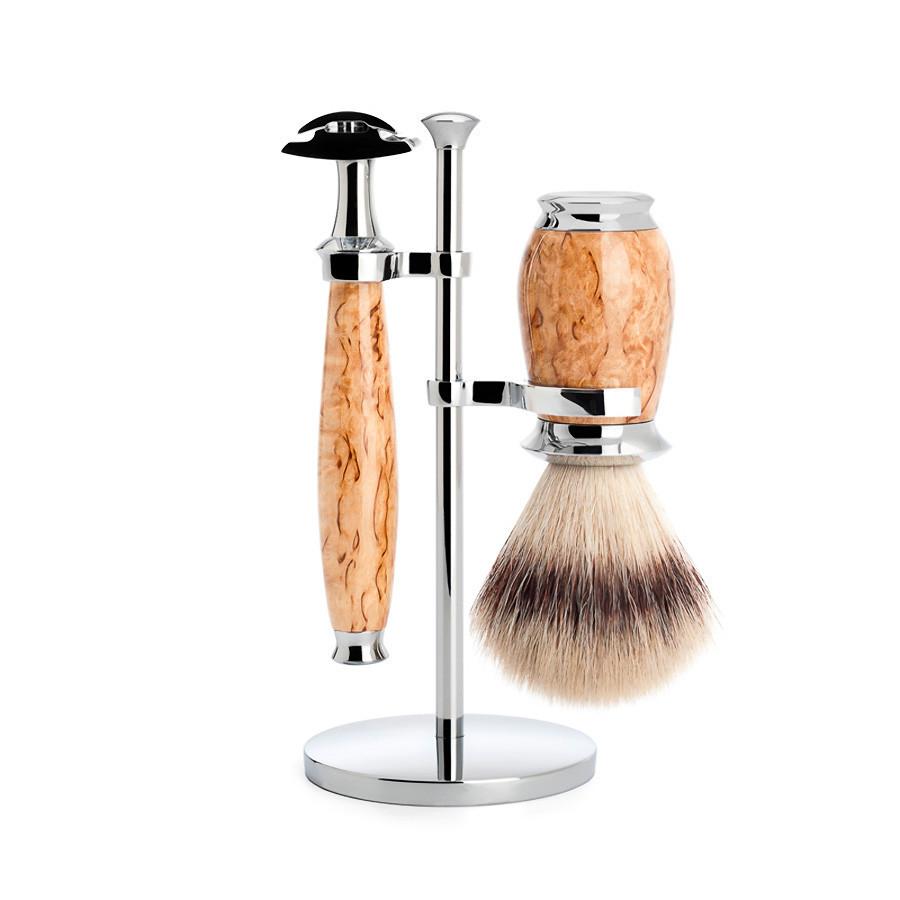 Muhle Purist 3-Piece Shaving Set with Safety Razor and Silvertip Fibre Brush, Karelian Burl Birch Wood Shaving Kit Discontinued 