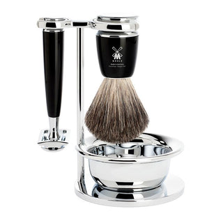 Muhle Rytmo 4-Piece Shaving Set with Safety Razor and Pure Badger Brush, Black Shaving Kit Discontinued 