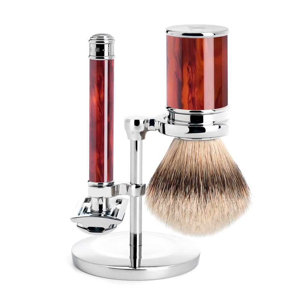 Muhle Traditional 3-Piece Shaving Set with Safety Razor and Silvertip Badger Brush, Faux Tortoise Shaving Kit Discontinued 